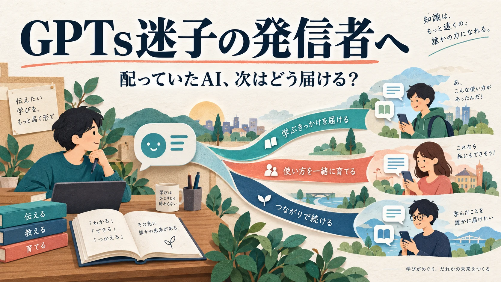GPTs迷子の発信者へ。教材とチャットを、複数の道から受講生へ届ける様子を描いた概念イラスト
