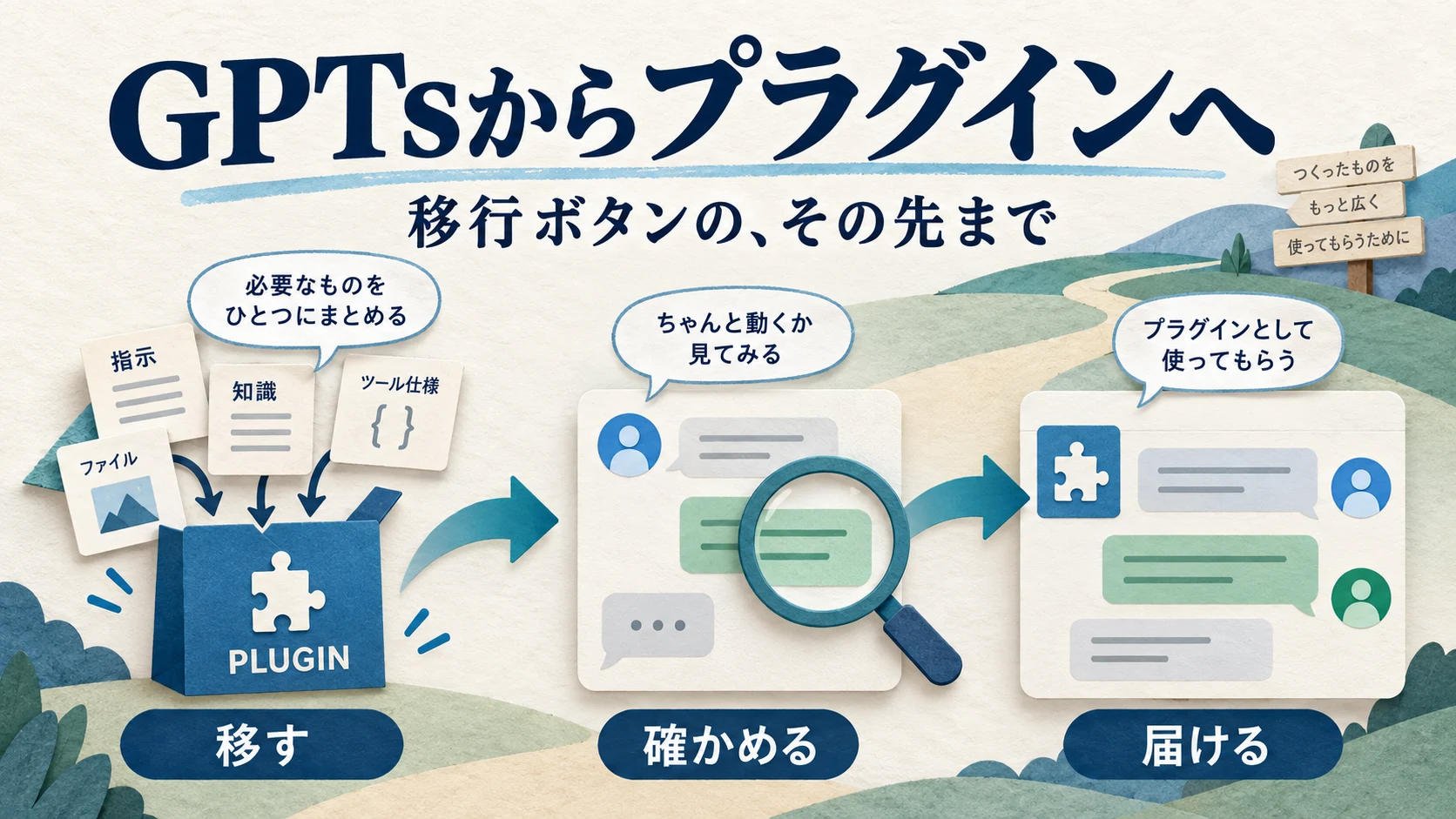 指示と資料をプラグインへ移し、回答を確かめてから利用者へ届ける3段階の概念イラスト